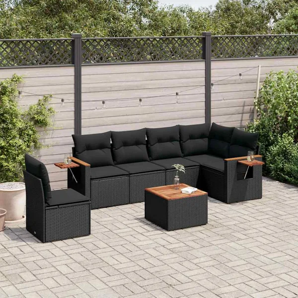 Salon de jardin 7 pcs avec coussins noir résine tressée 62 x 62 x 69 cm - 57,3 kg