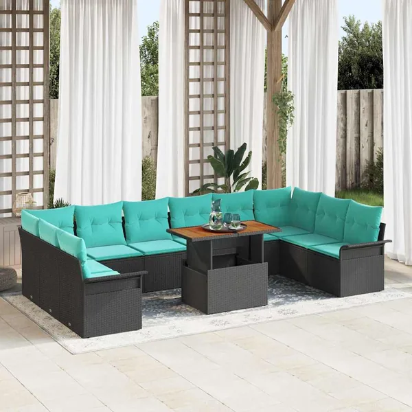 Ensemble de canapé de jardin 11 pcs Noir et Bleu polyrotin