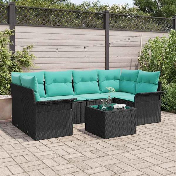 Ensemble de canapé de jardin 7 pcs Noir et turquoise polyrotin