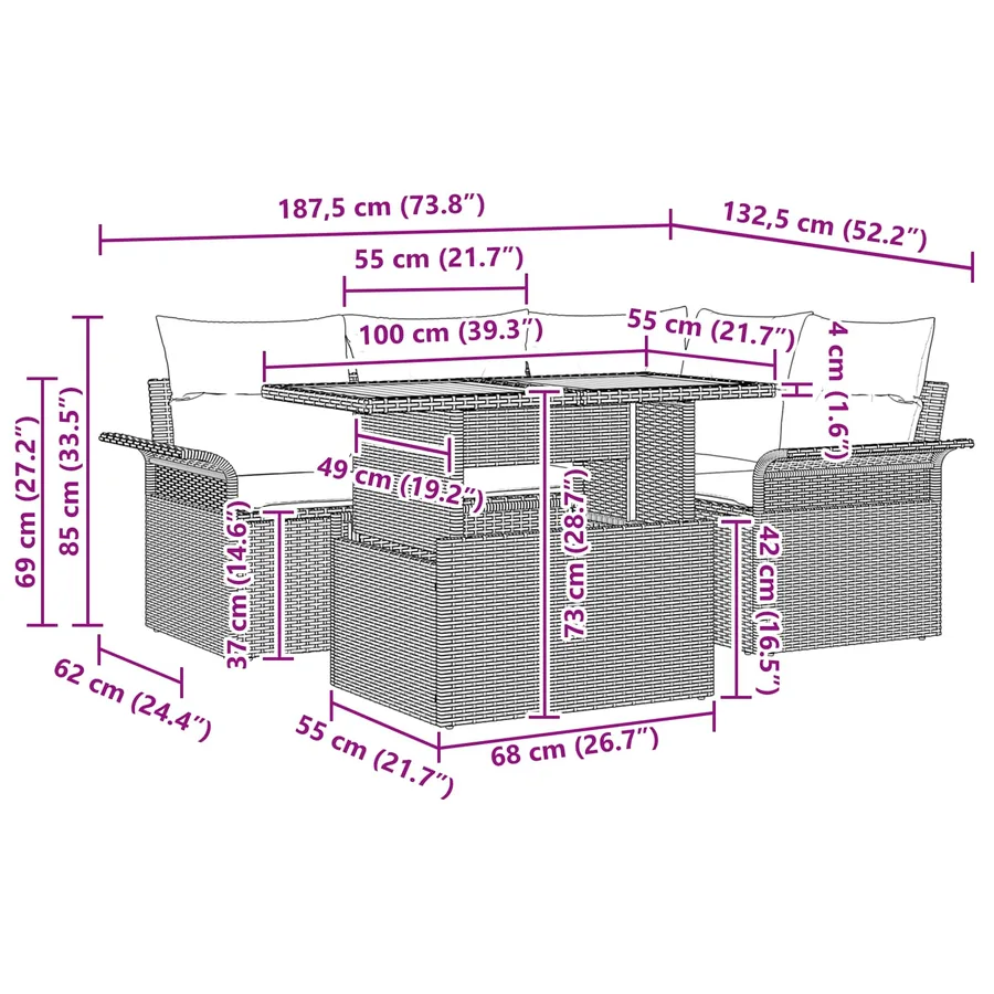 Ensemble de canapé de jardin 5 pcs Noir Poly rotin - 15