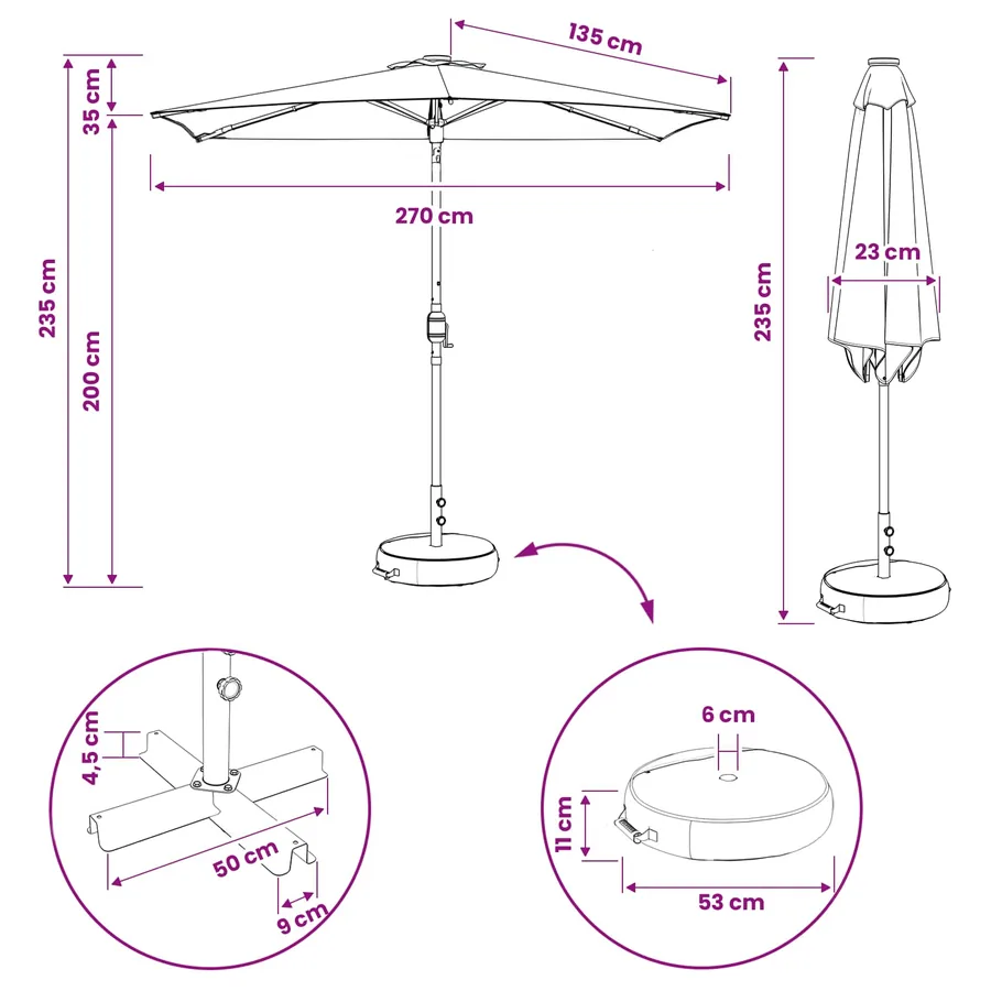 Parasol de jardin avec lumières LED et base 270 x 270 cm - 10