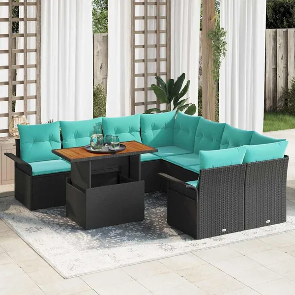 Ensemble de canapé de jardin 9 pcs Noir Poly rotin