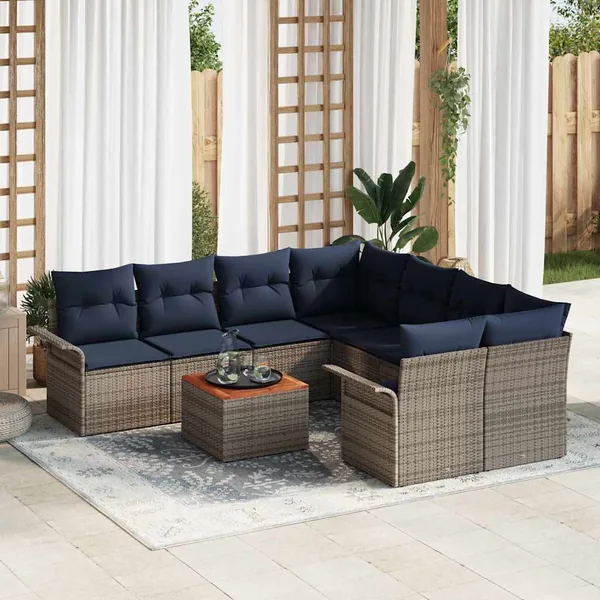 Ensemble de canapé de jardin 9 pcs Gris et bleu marine