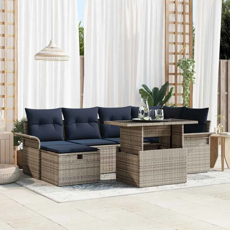 Ensemble de canapé de jardin avec coussin 7 pcs Gris Poly rotin