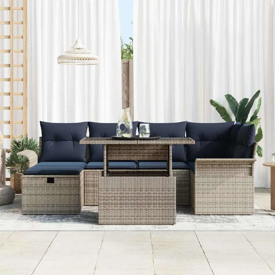 Ensemble de canapé de jardin avec coussin 7 pcs Gris Poly rotin - 3