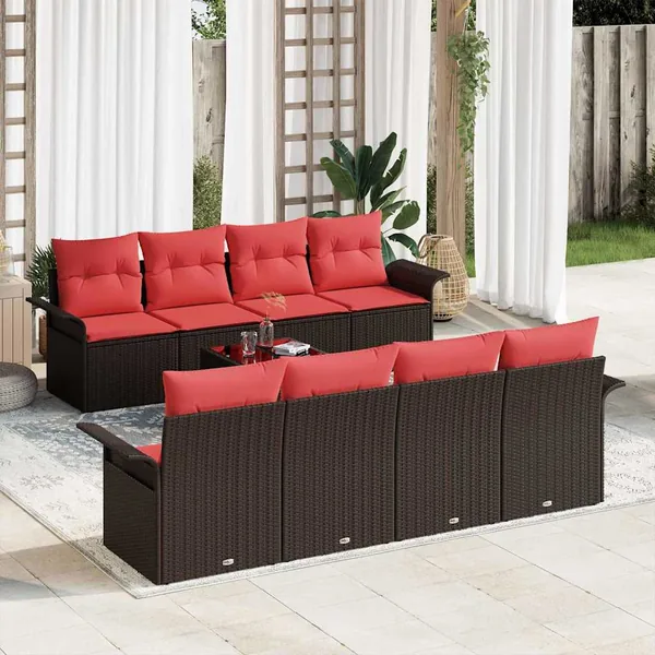 Ensemble de canapé de jardin 9 pcs Beige et Rouge polyrotin