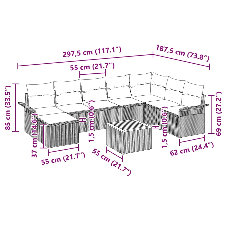 Ensemble de canapé de jardin avec coussin 9 pcs Gris polyrotin - 11