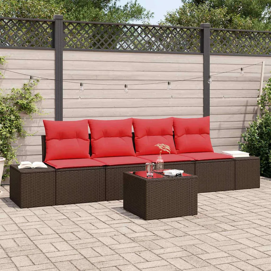 Ensemble de Canapés avec coussin 5 pcs Marron polyrotin
