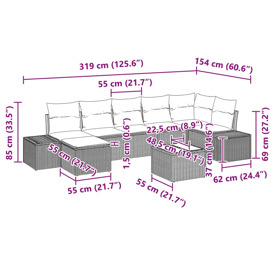 Ensemble de canapé de jardin 8 pcs Marron polyrotin - 8