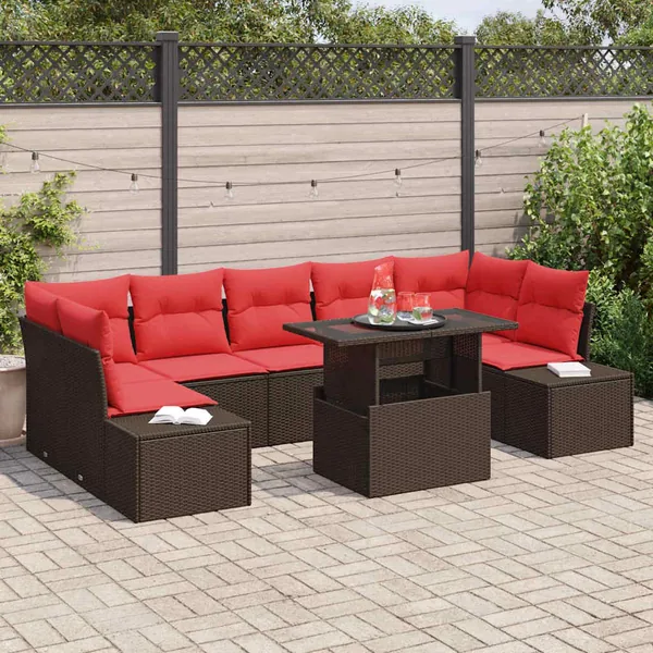 Ensemble de canapé de jardin 8 pcs Marron et rouge polyrotin