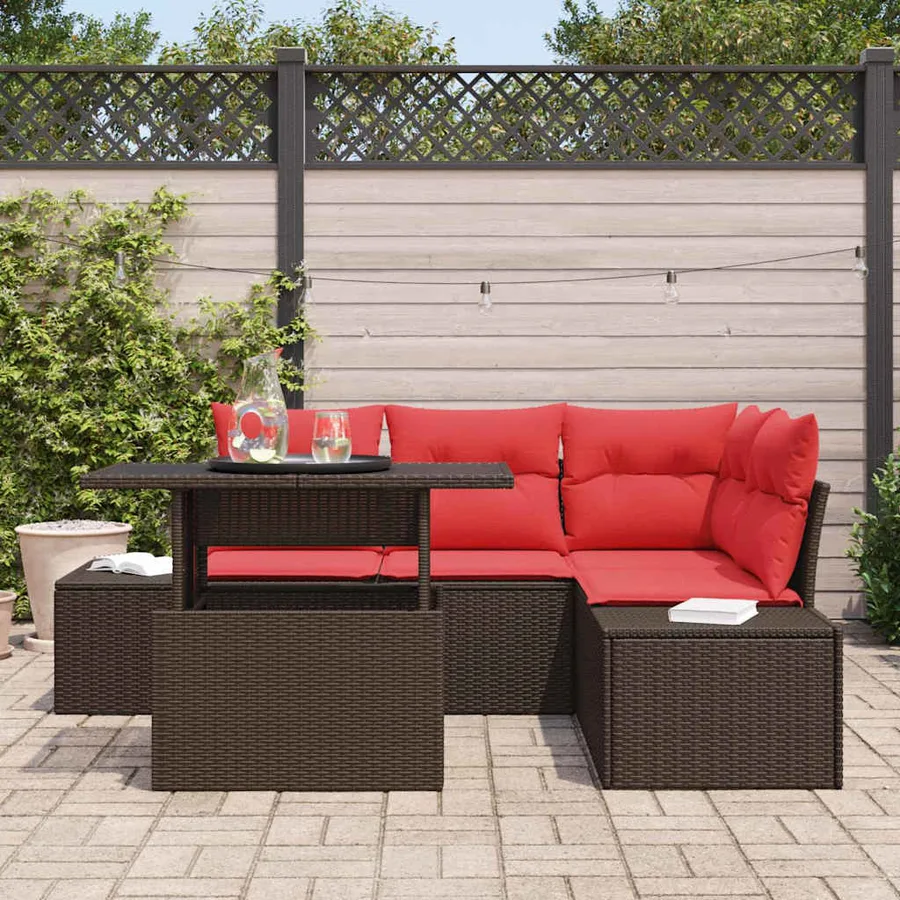 Ensemble de canapé de jardin 6 pcs Marron et rouge polyrotin - 3