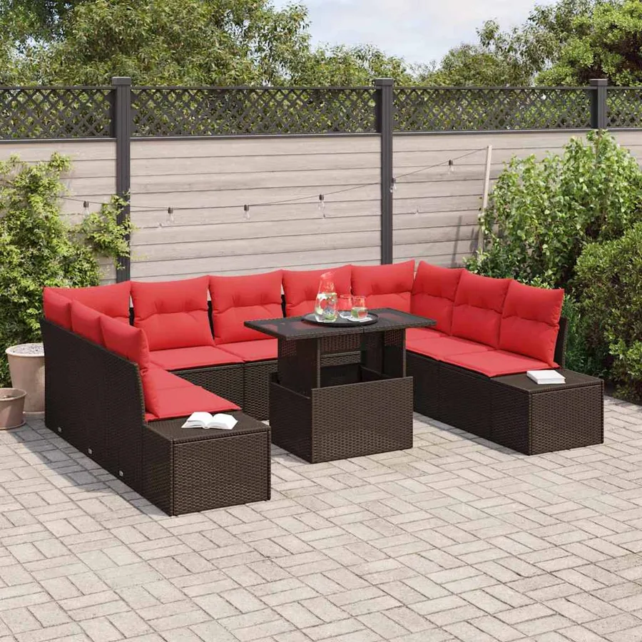 Ensemble de canapé de jardin 10 pcs Marron et rouge - 3