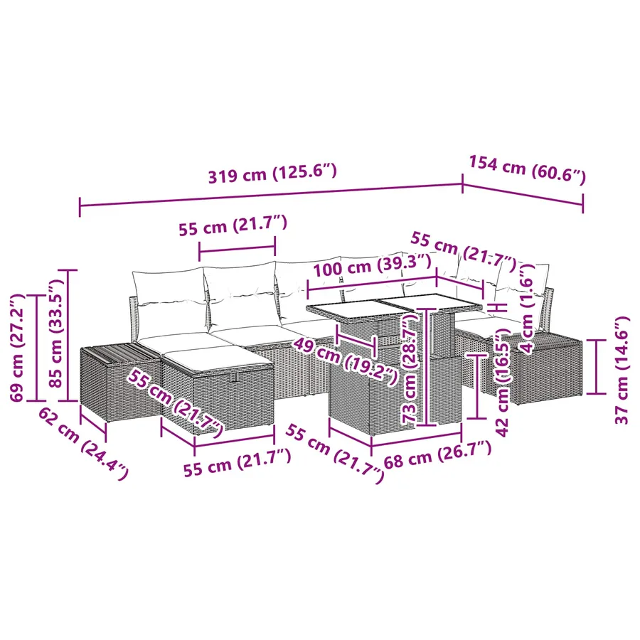 Ensemble de canapé de jardin avec coussin 8 pcs polyrotin - 13
