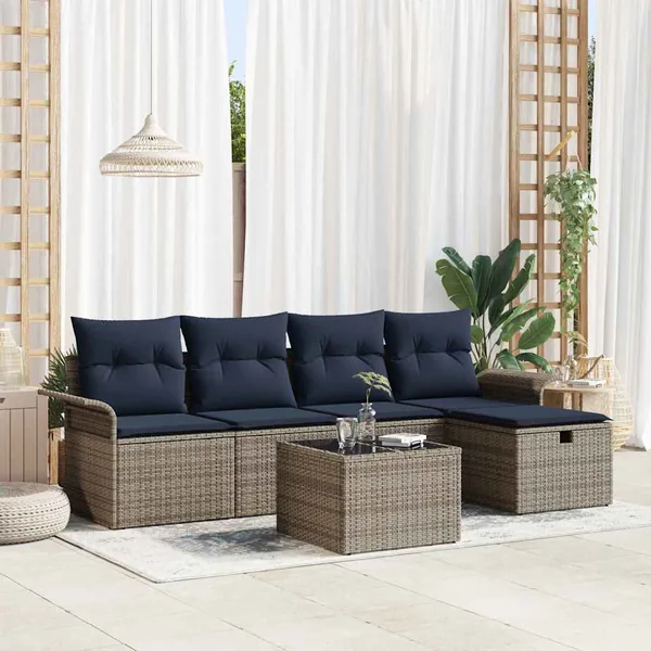 Ensemble de canapé de jardin 6 pcs Gris et marine polyrotin