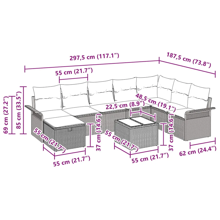 Ensemble de canapé de jardin 9 pcs Gris et marine polyrotin - 11