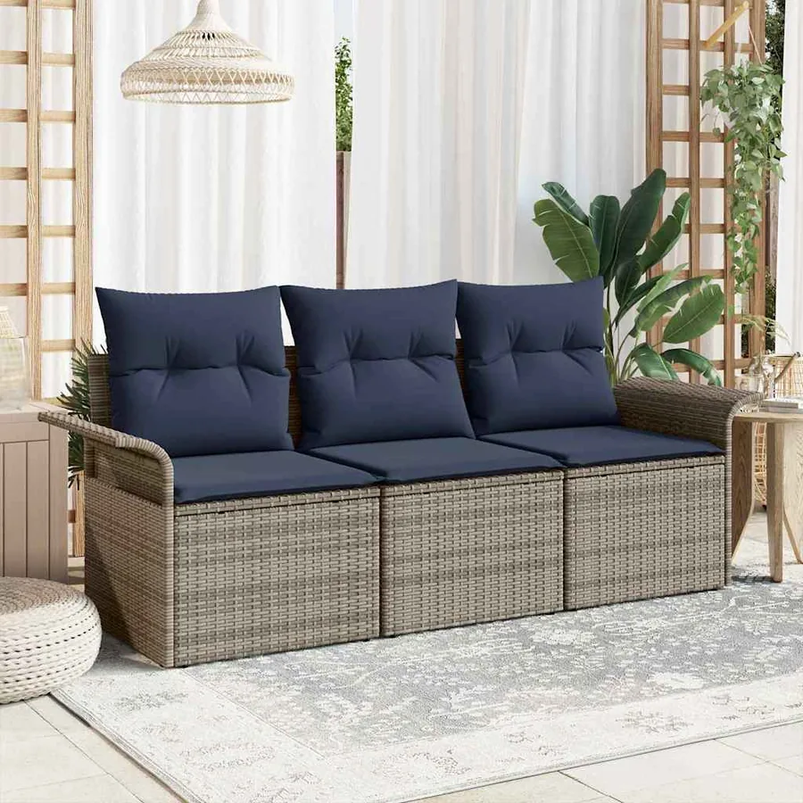 Ensemble de Canapés avec coussin 3 pcs Gris et marine polyrotin