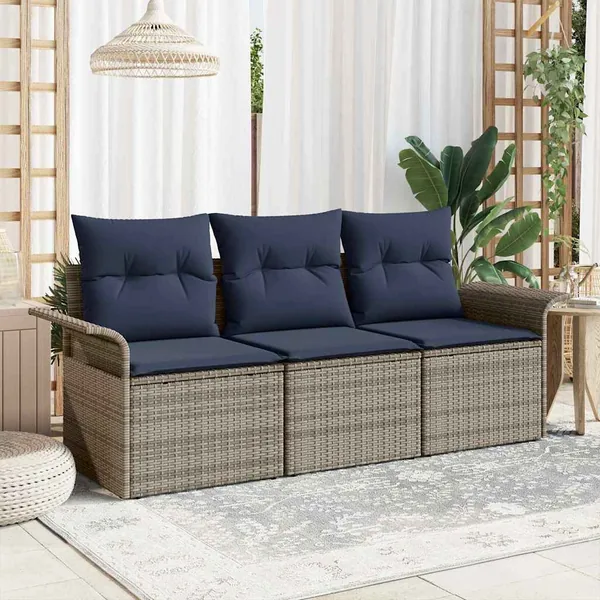 Ensemble de Canapés avec coussin 3 pcs Gris et marine polyrotin