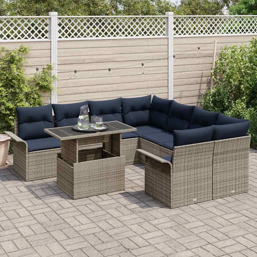 Ensemble de canapé de jardin avec coussin 9 pcs Gris Poly rotin - 3