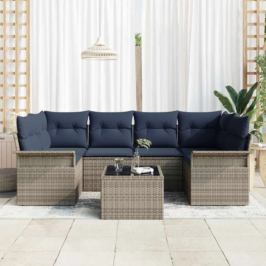 Ensemble de canapé de jardin avec coussin 7 pcs Gris polyrotin - 3
