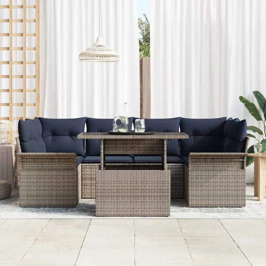 Ensemble de canapé de jardin avec coussin 7 pcs Gris polyrotin - 3