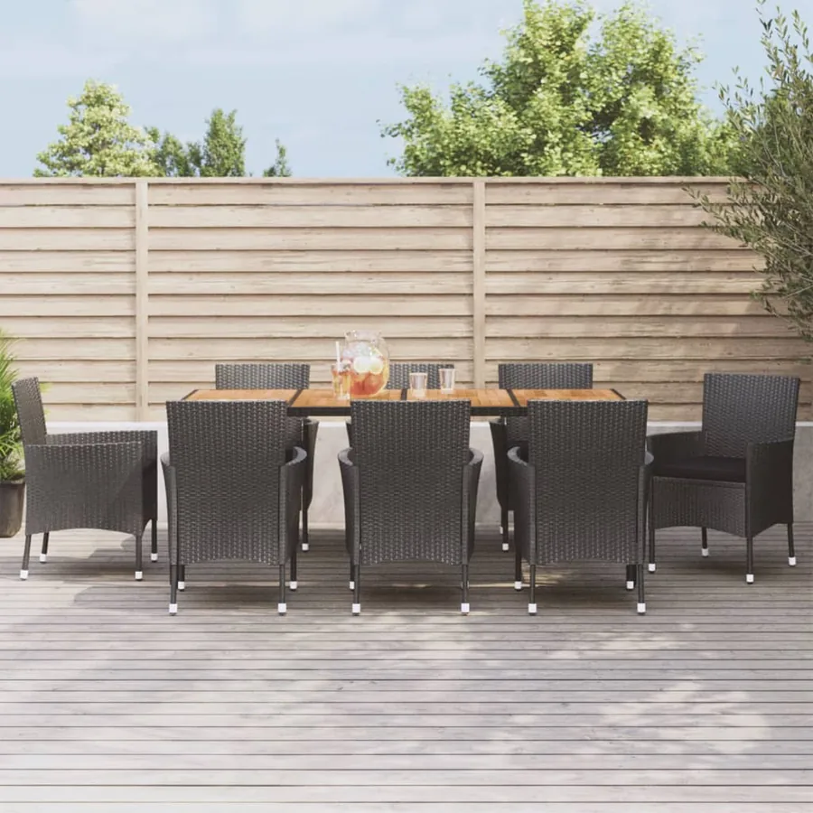 Ensemble à manger jardin 9pcs et coussins noir résine tressée
