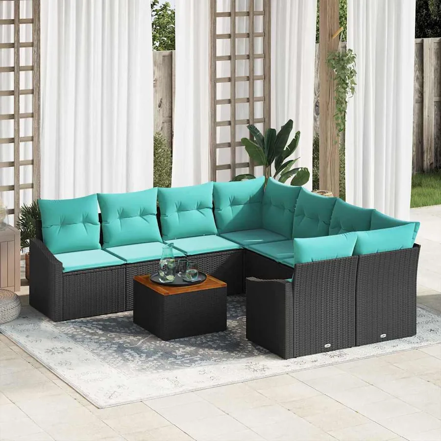 Ensemble de canapé de jardin avec coussin 9 pcs Noir polyrotin