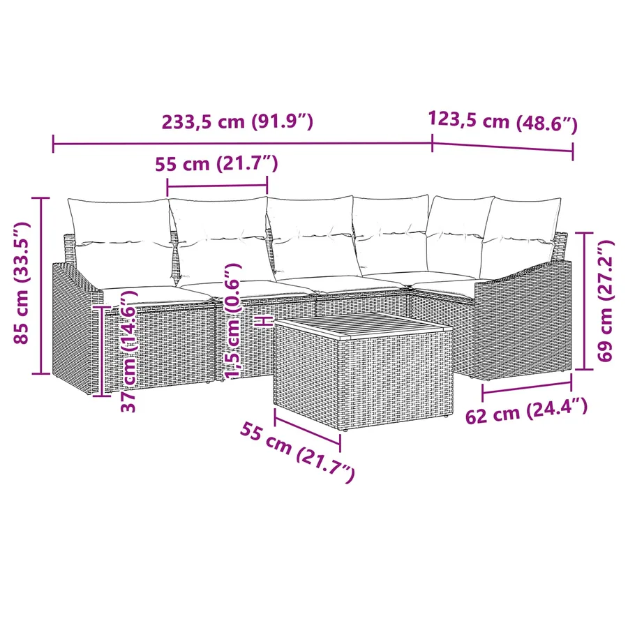 Ensemble de canapé de jardin avec coussin 6 pcs Noir polyrotin - 9