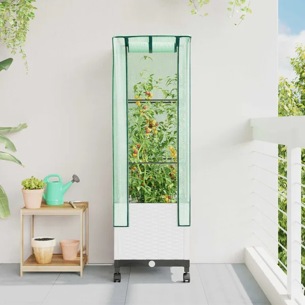 Jardinière de jardin avec couverture de serre et roues Blanc PP