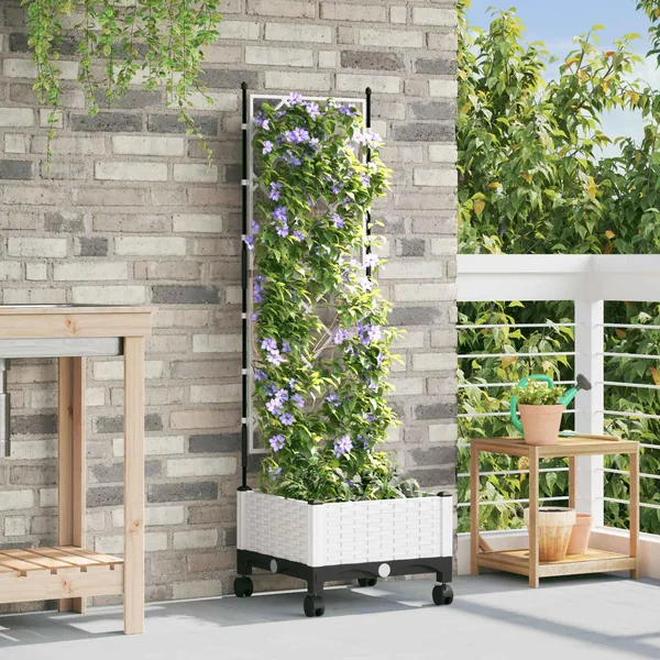 Bac de jardin avec treillis et roues Blanc 40 x 40 x 131,5 cm