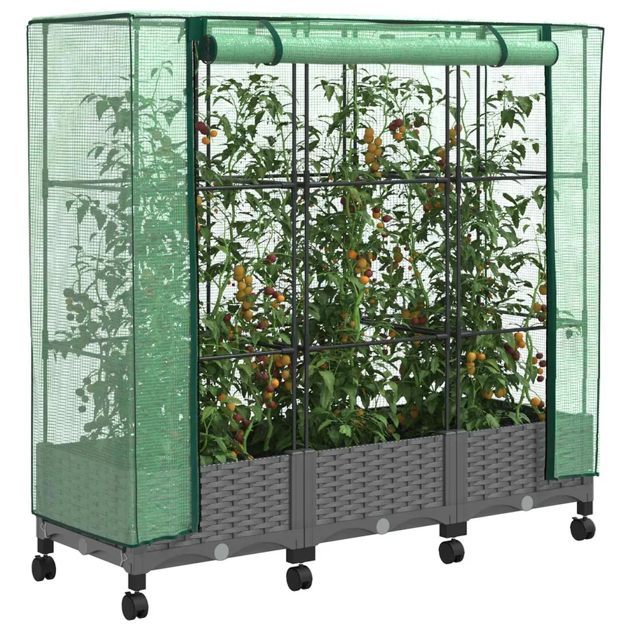 Jardinière de jardin avec couverture de serre et roues 3 pc PP - 3