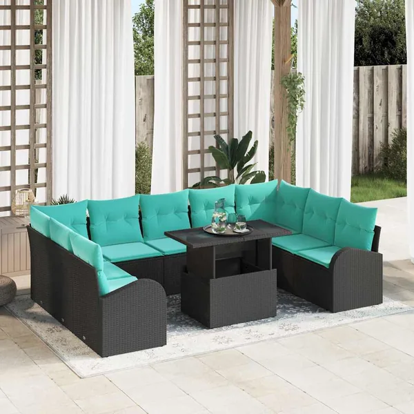 Ensemble de canapé de jardin 10 pcs Noir Poly rotin