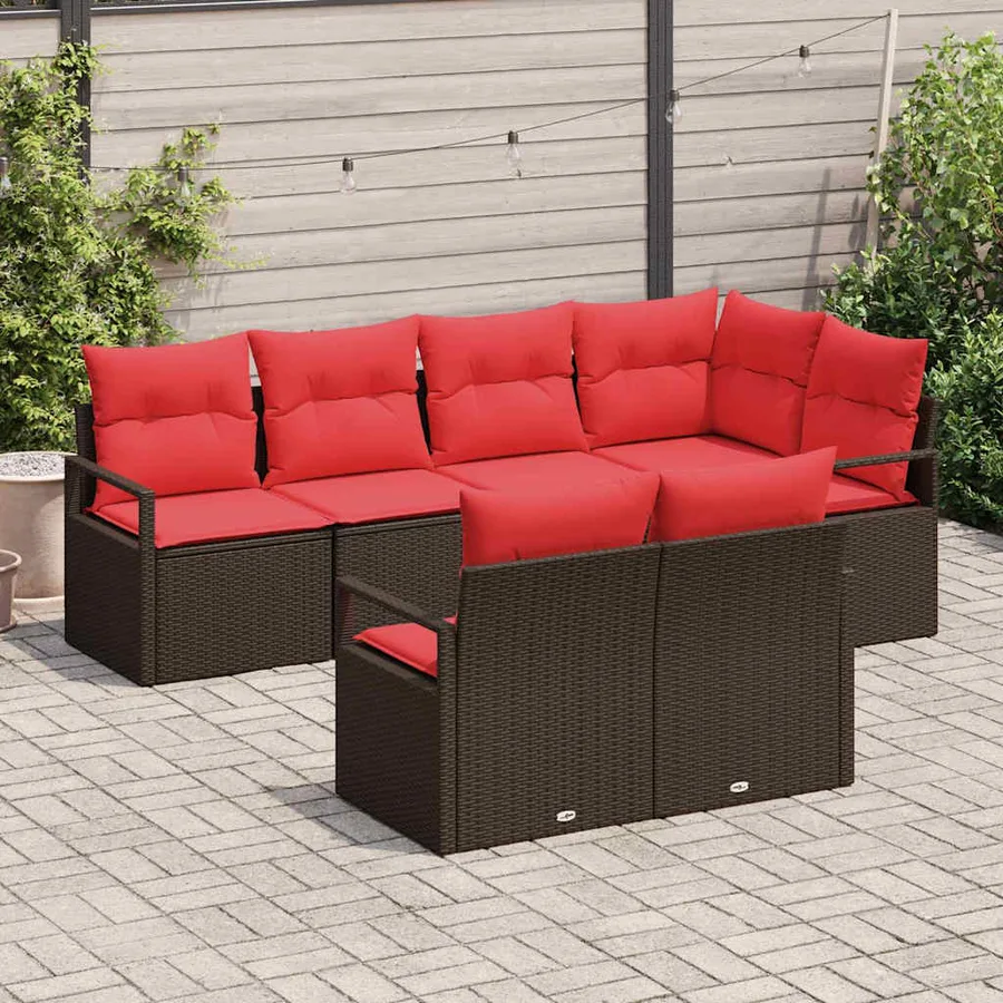Ensemble de canapé de jardin 7 pcs Marron et rouge polyrotin - 3