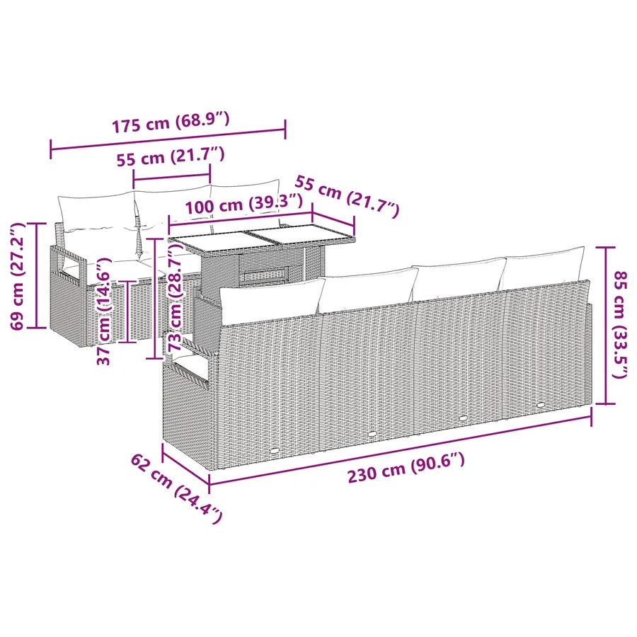 Ensemble de canapé de jardin 8 pcs Marron Poly rotin - 13