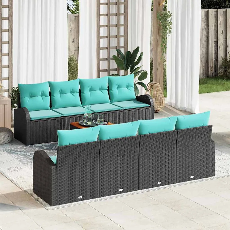 Ensemble de canapé de jardin 9 pcs Noir et turquoise polyrotin
