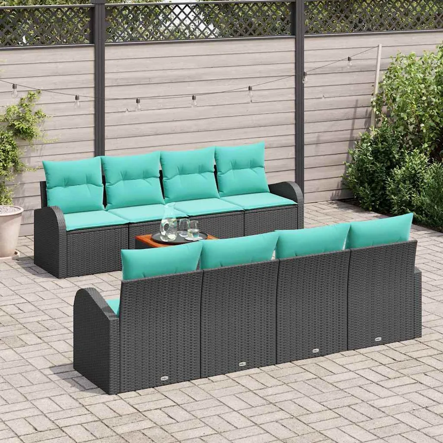 Ensemble de canapé de jardin 9 pcs Noir et turquoise polyrotin - 3