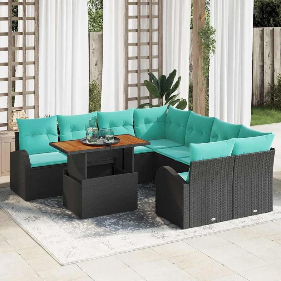 Ensemble de canapé de jardin 9 pcs Noir Poly rotin