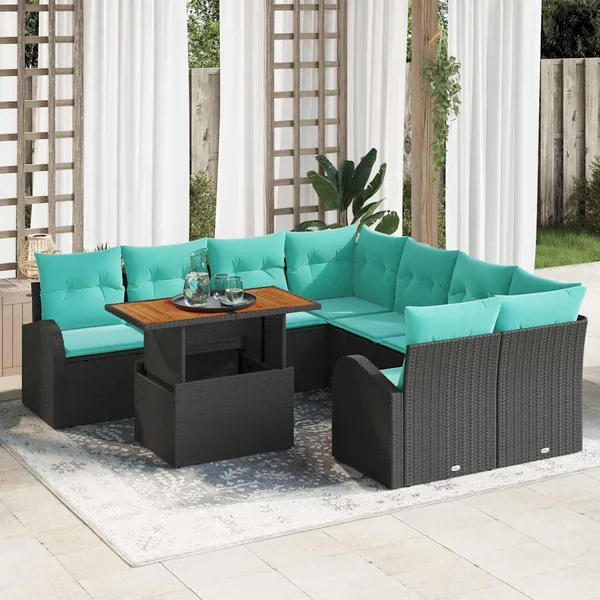 Ensemble de canapé de jardin 9 pcs Noir Poly rotin