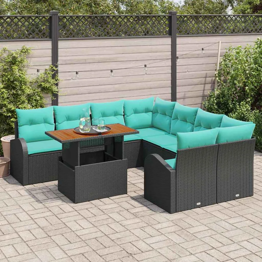 Ensemble de canapé de jardin 9 pcs Noir Poly rotin - 3