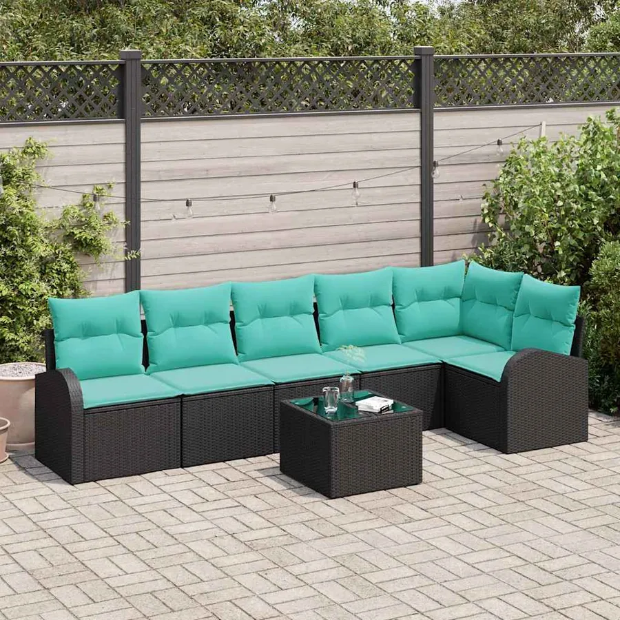 Ensemble de canapé de jardin 7 pcs Noir et turquoise polyrotin