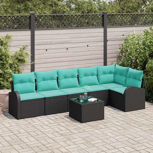 Ensemble de canapé de jardin 7 pcs Noir et turquoise polyrotin