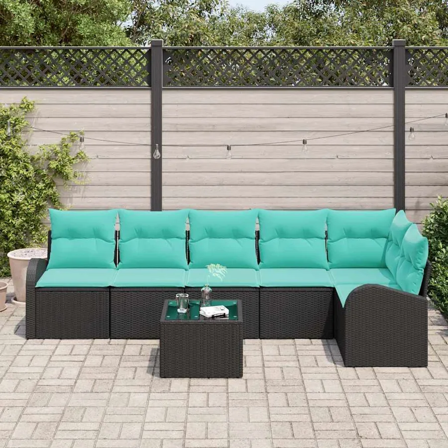 Ensemble de canapé de jardin 7 pcs Noir et turquoise polyrotin - 3