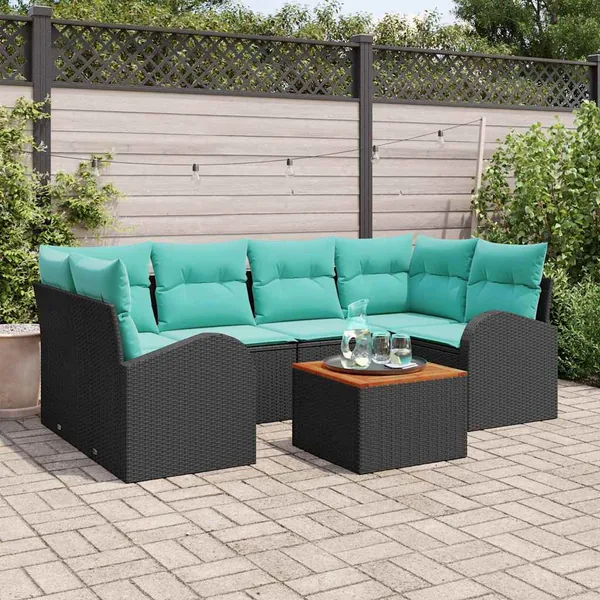 Ensemble de canapé de jardin 7 pcs Noir et turquoise polyrotin