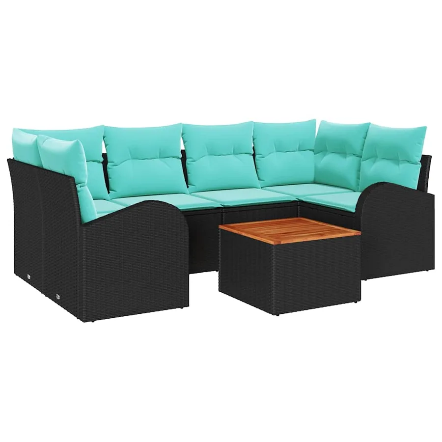 Ensemble de canapé de jardin 7 pcs Noir et turquoise polyrotin - 2