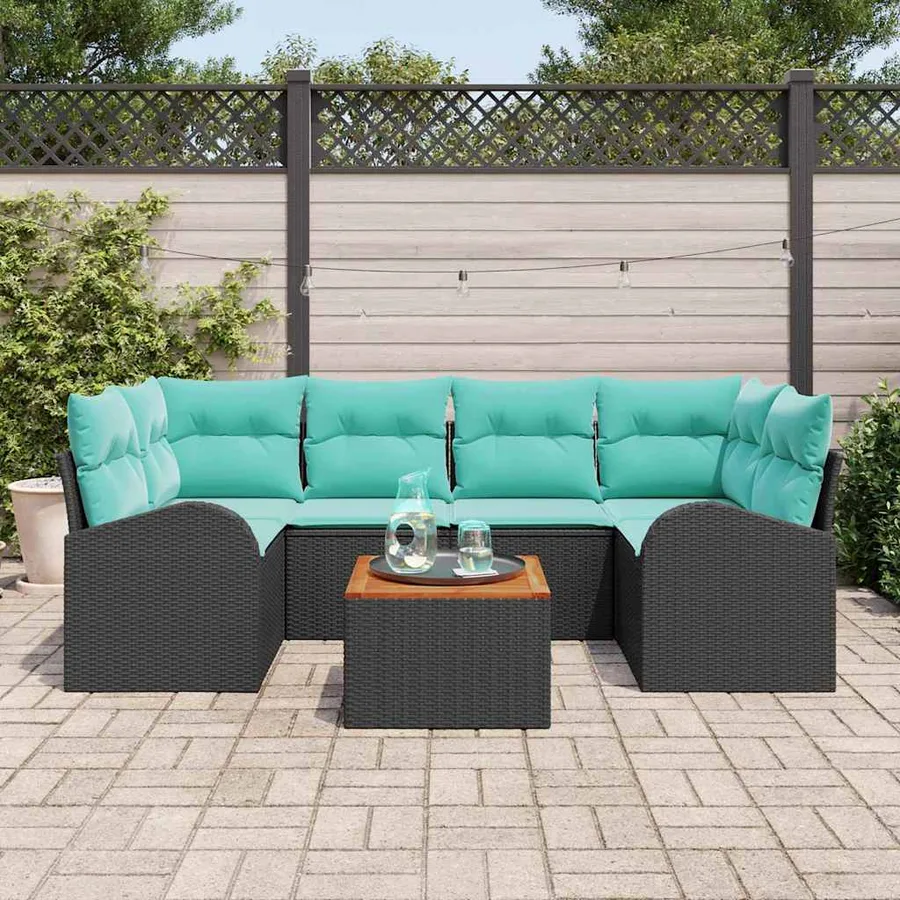 Ensemble de canapé de jardin 7 pcs Noir et turquoise polyrotin - 3