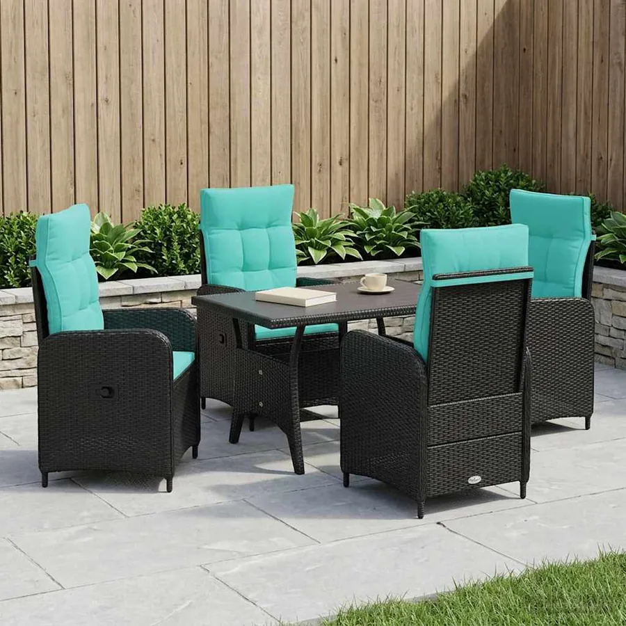 Ensemble de repas extérieur 5 pcs Noir et turquoise polyrotin