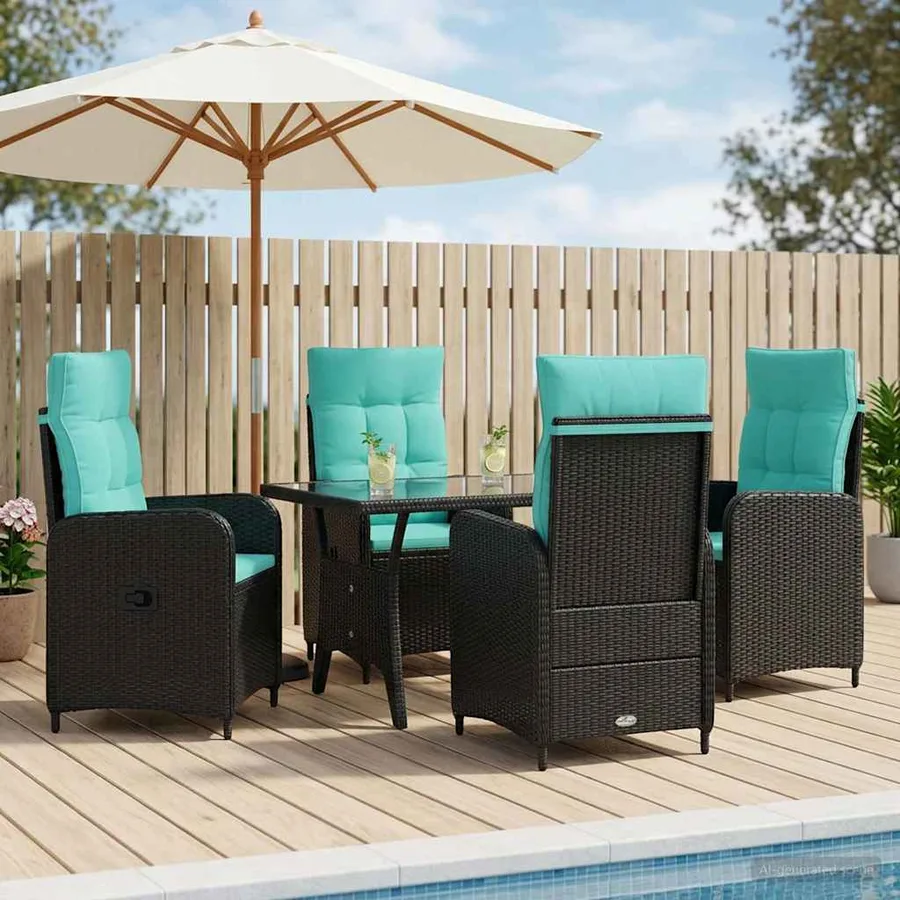 Ensemble de repas extérieur 5 pcs Noir et turquoise polyrotin - 4