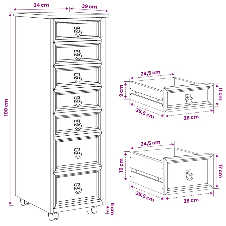 Cabinet Roulant avec Tiroirs CORONA Brun Miel - 9