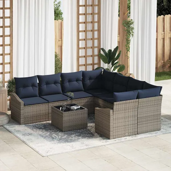 Ensemble de Canapés avec coussin 9 pcs Gris et marine polyrotin