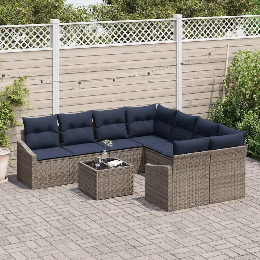 Ensemble de Canapés avec coussin 9 pcs Gris et marine polyrotin - 3
