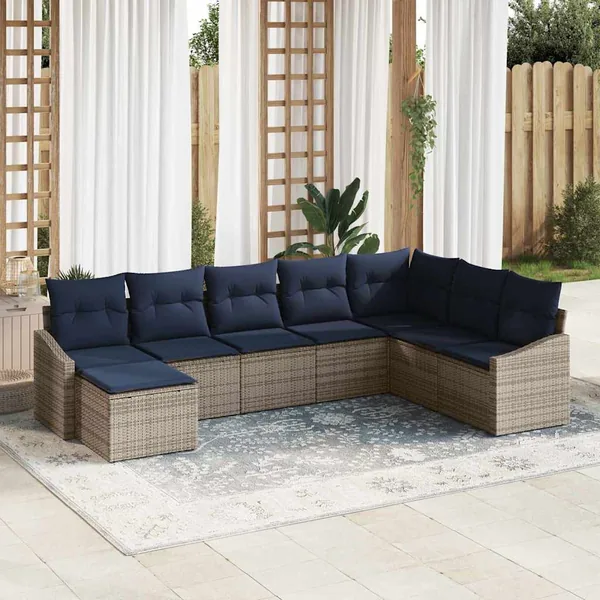 Ensemble de canapé de jardin 8 pcs Gris et marine polyrotin